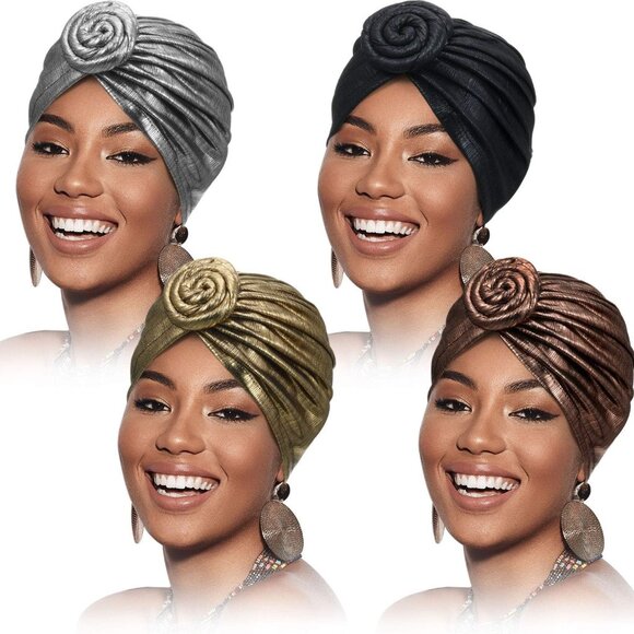 4 Pieces Women African Headwraps Turbans Hat Women Pre-Tied Bonnet Turban Knot B - Picture 1 of 7